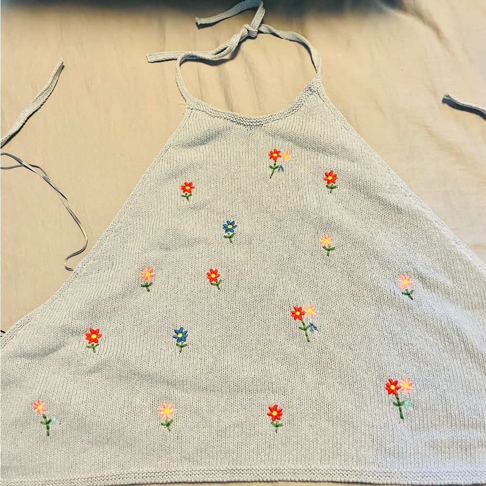 Zara Floral Embroidered Knit Halter Top